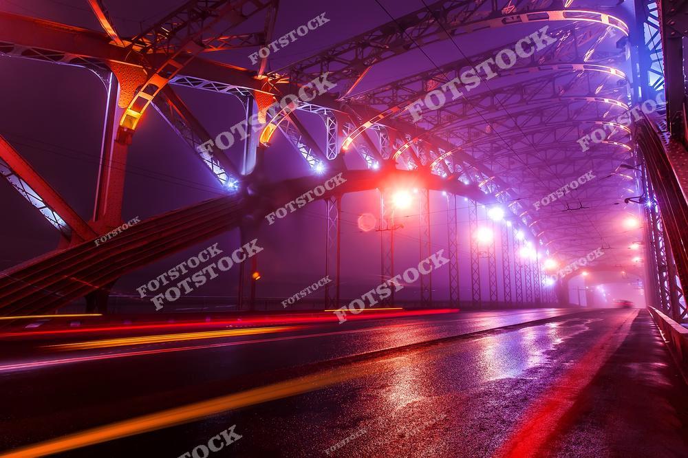 На фото изображён Большеохтинский мост в Санкт-Петербурге ночью. Яркие фонари освещают металлические конструкции моста, подчёркивая его архитектурные детали. Лёгкий туман добавляет загадочности, а световые следы от автомобилей оживляют кадр. Этот мост является одной из знаковых достопримечательностей города, соединяя его исторические районы.